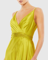 Green Sleeveless Faux Wrap Draped Gown